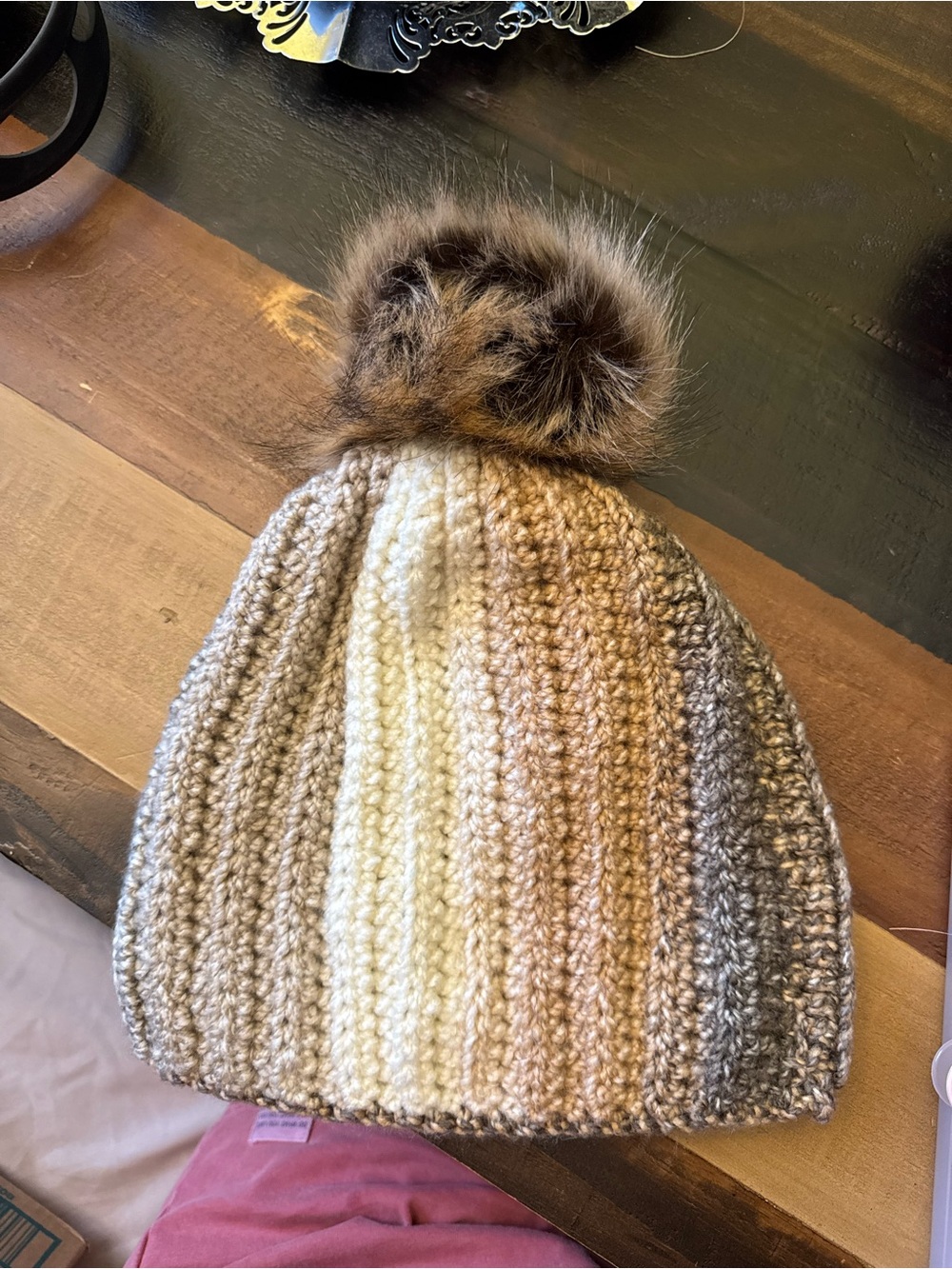 Crochet Beanie Hat in Neutral Stripes